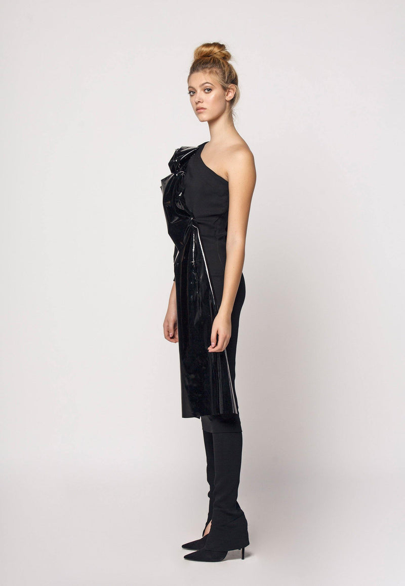 Stretchy one shoulder dress with patent frill